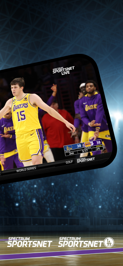 A smartphone displaying a live Los Angeles Lakers basketball game on the Spectrum SportsNet app