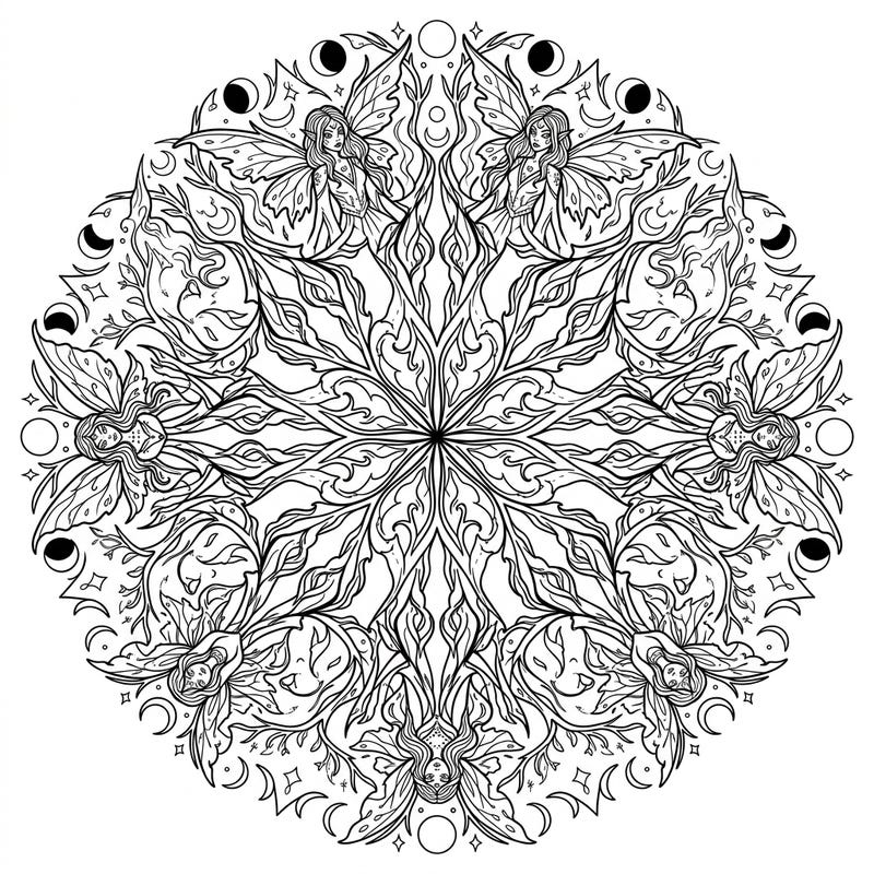 Unleash your creativity with this mesmerizing Dark Fairies Mandala coloring page, an intricate design perfect for a moment of serene artistic expression. Dive into a world where mystical sprites and symmetrical beauty combine to offer a captivating coloring experience.