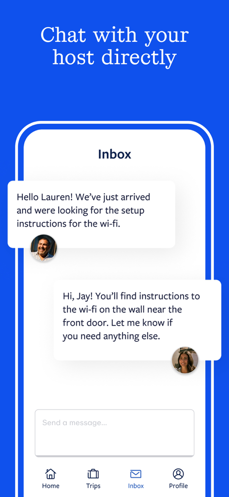 Direct messaging interface in the Vrbo app between a guest and a vacation rental host