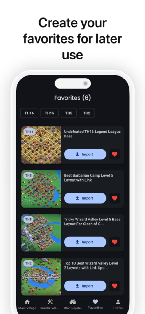 Tela de favoritos do Coc Studio mostrando layouts de bases salvos de Clash of Clans com botões de importação