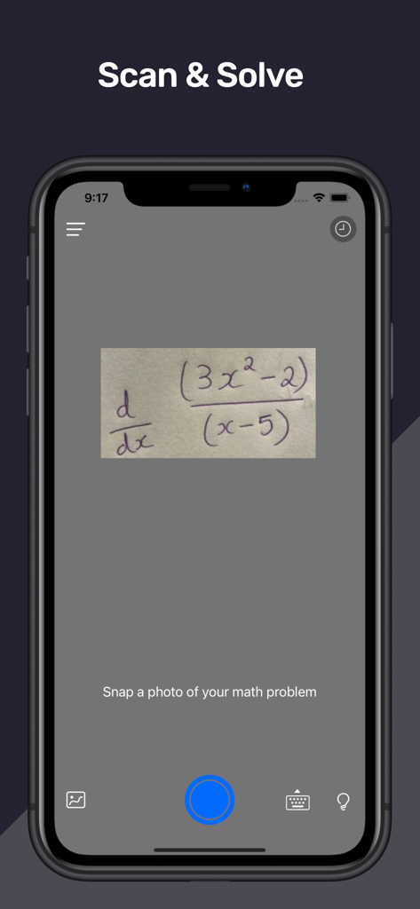 Math Scaner - AI Math Solver - Mobile app interface showing a smartphone camera scanning a handwritten calculus math problem to solve it