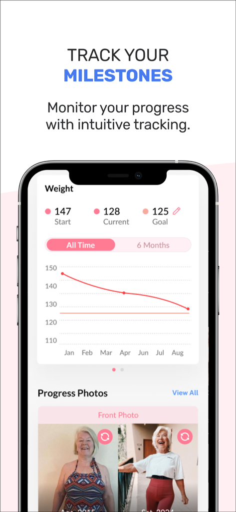 A screen showing weight tracking milestones and progress transformation photos