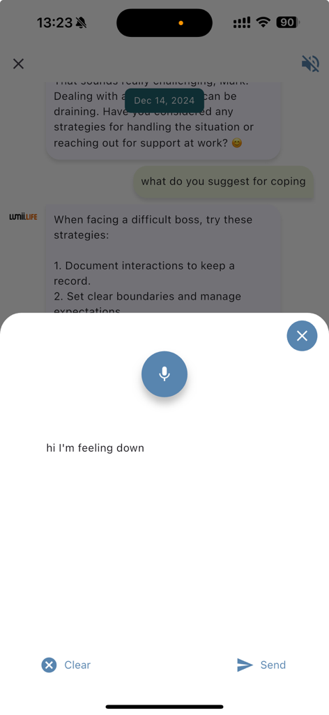 Lumii.life mobile app interface showing a voice chat feature for mental health support