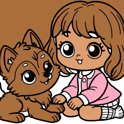 a girl with a baby wolf playing together