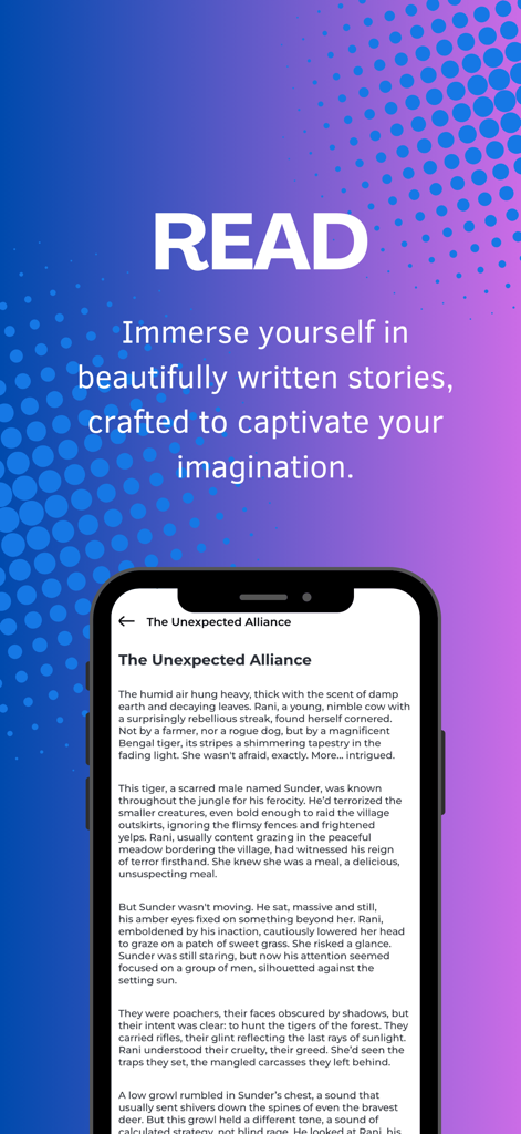StoryVerse - AI Text To Story - Pantalla de smartphone mostrando una historia generada por IA en la interfaz de lectura de la aplicación StoryVerse.
