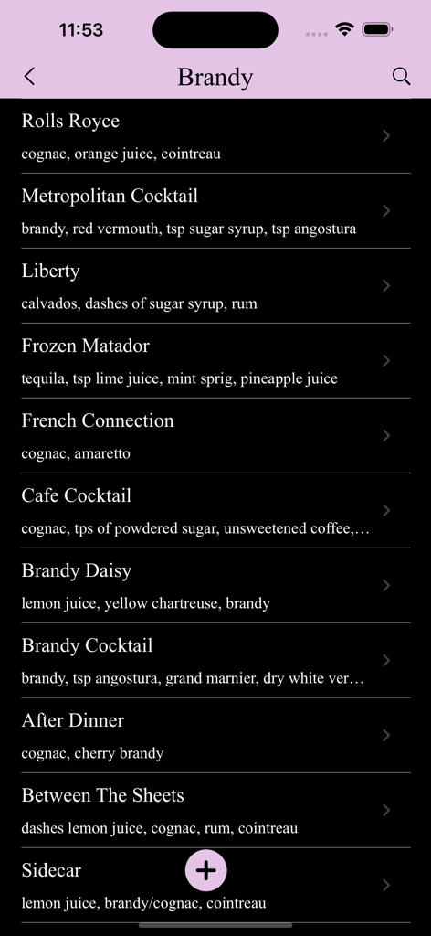A minimalist list of brandy-based cocktail recipes including Sidecar and French Connection with ingredient summaries.