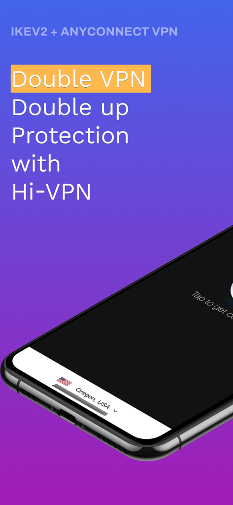 Hi-VPN app interface on iPhone highlighting Double VPN protection and Cisco AnyConnect integration