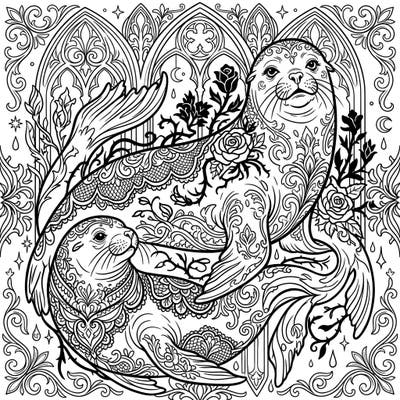 Unleash your creativity with this captivating coloring page featuring two seals or sea lions adorned in a mysterious Gothic style. Intricate Victorian lace patterns and dark flora invite you into a world of ornate elegance, perfect for adult colorists.