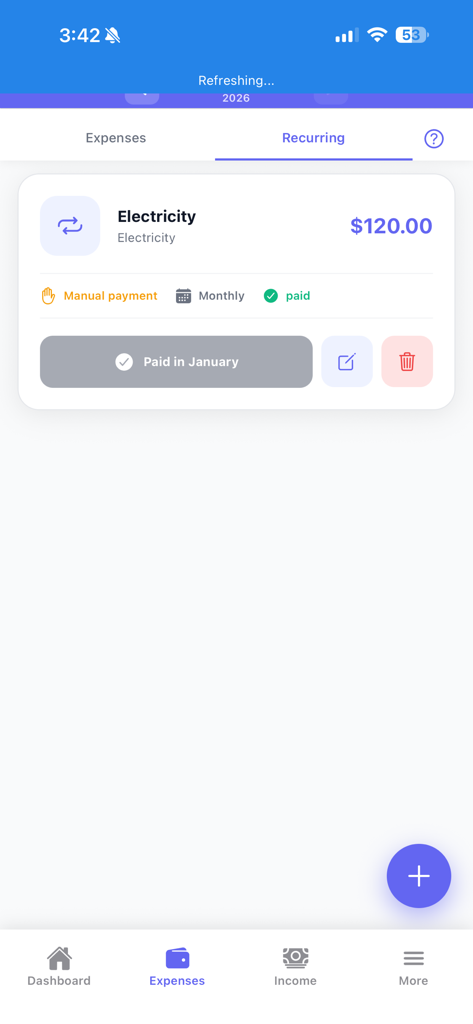 Bildschirm der mobilen App zur Verfolgung monatlicher wiederkehrender Stromzahlungen.