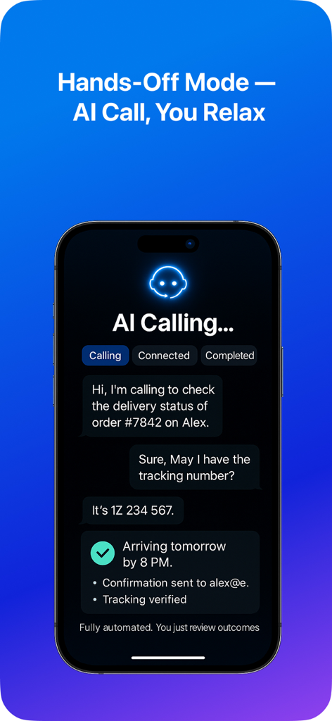 Un agent IA passe un appel téléphonique pour le statut de livraison en mode mains libres