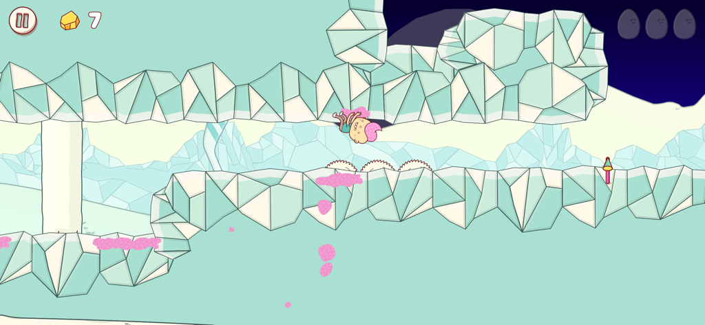 Gilbert using pink vomit to propel himself upside down through a geometric level in the game Eggggg