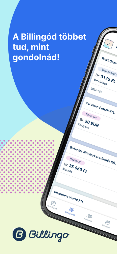 Captura de pantalla de la aplicación móvil Billingo que muestra una lista de facturas digitales y transacciones comerciales en la pantalla de un smartphone