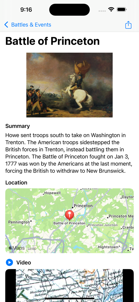Revolutionary War - Informational screen for the Battle of Princeton with a historical painting, summary, and location map.