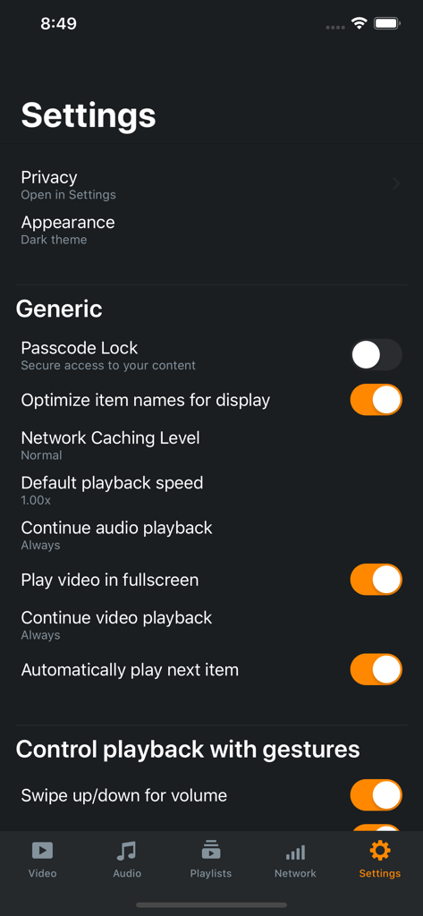 Azul - Video Player for iPhone - Azul Video Player settings menu showing generic playback and gesture control options