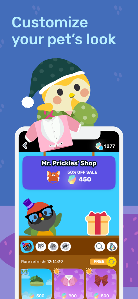 The Finch app customization screen showing a shop with outfits for a digital pet bird.