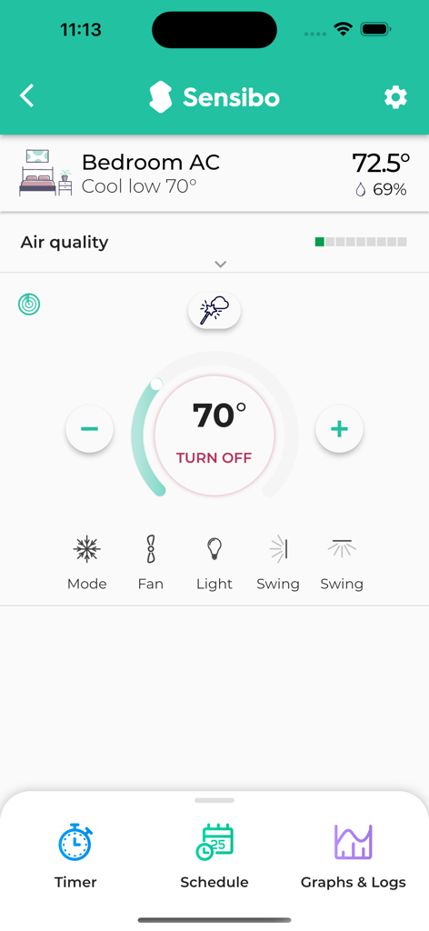 Sensibo - Sensibo mobile app dashboard showing bedroom air conditioning controls including temperature humidity and air quality status