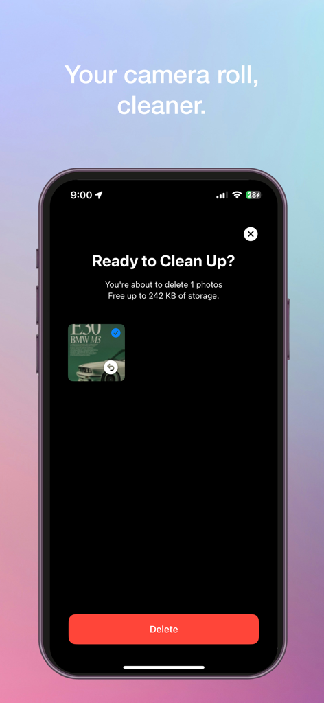 Swipe to Clean — cln. - A minimalist confirmation screen in the Swipe to Clean app showing a photo selected for deletion to free up storage space.