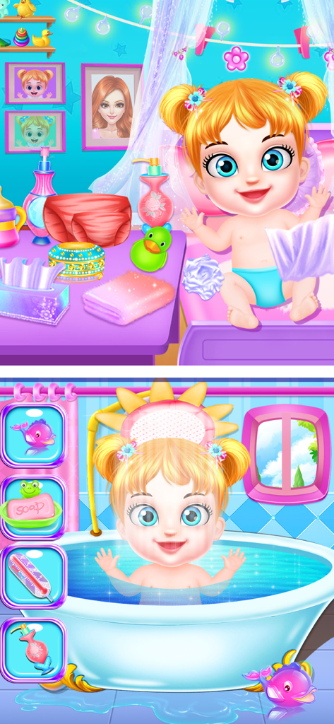 Baby Care - Reborn Baby Games - Escenas de juego de un lindo bebé siendo bañado en una bañera y cuidado en una guardería