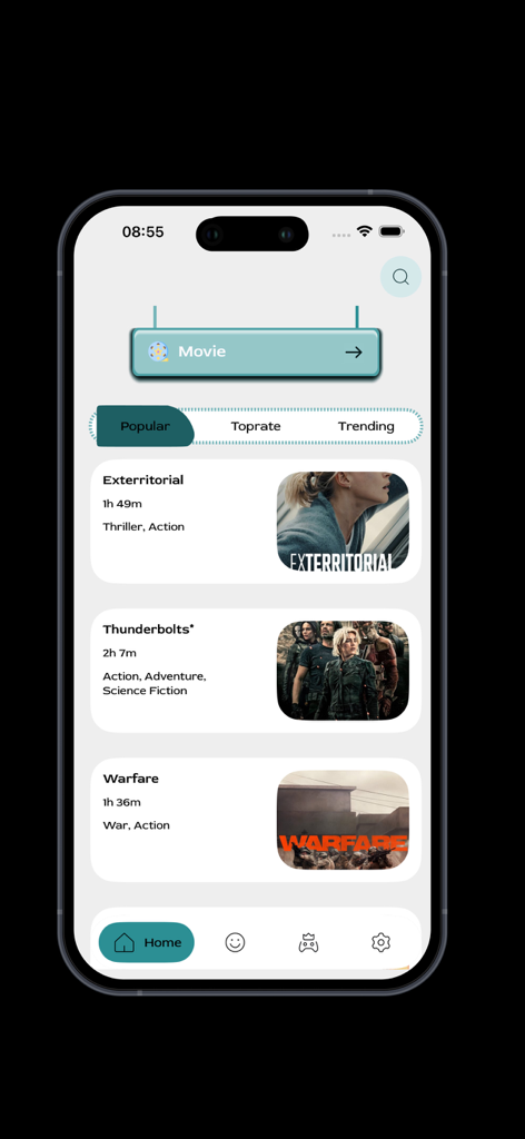 Cine Moodアプリのホーム画面。タイトル、ジャンル、上映時間とともに人気映画のリストを表示しています。