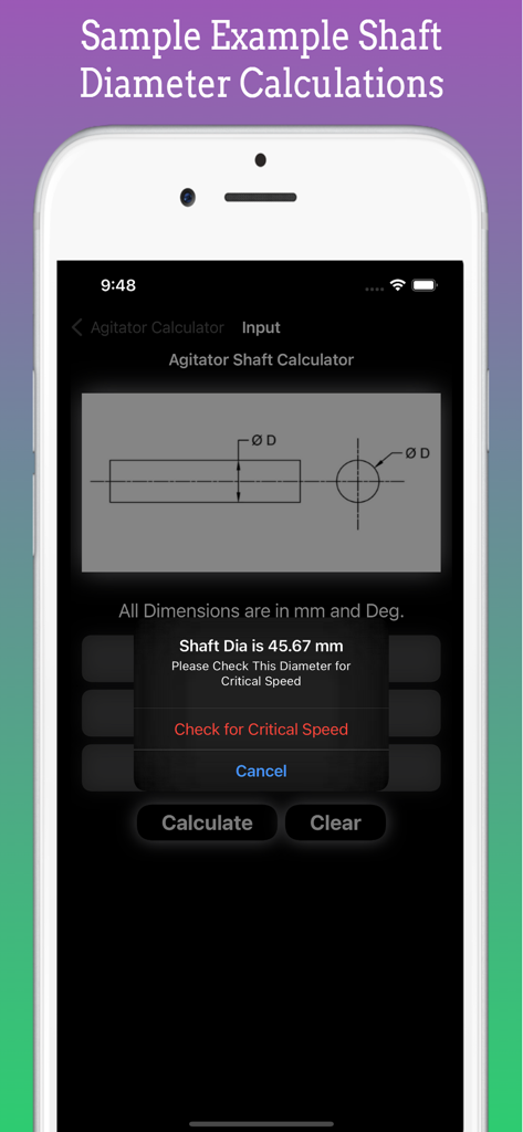 Agitator Design Pro - Agitator Design Pro app showing agitator shaft diameter calculation results with an option to check for critical speed.