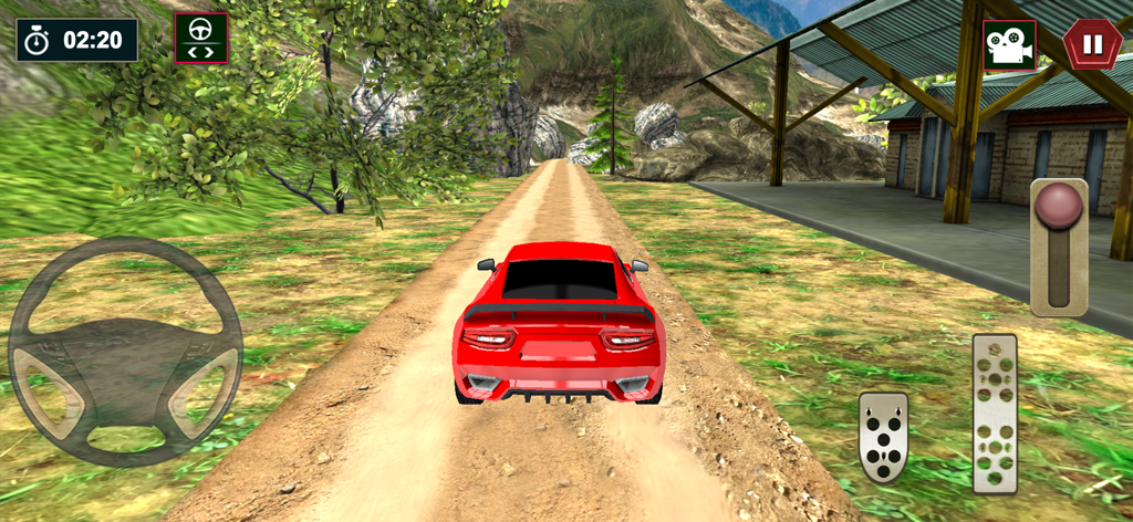 Offroad 4x4 Driving Car Games - Um carro vermelho dirigindo em um caminho de terra em uma montanha em um jogo de simulação offroad com controles na tela.