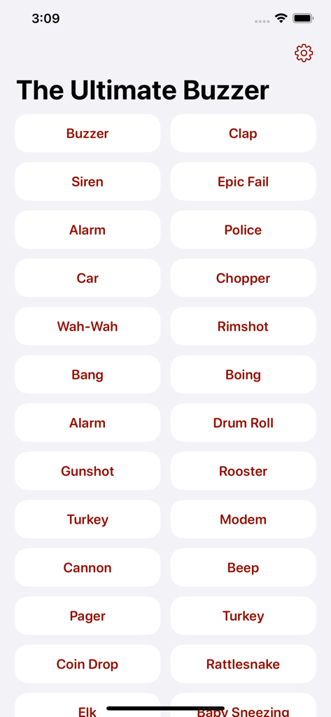 The Ultimate Buzzer - Interface of The Ultimate Buzzer app showing a grid of buttons for various sound effects like Buzzer Clap Siren and Epic Fail