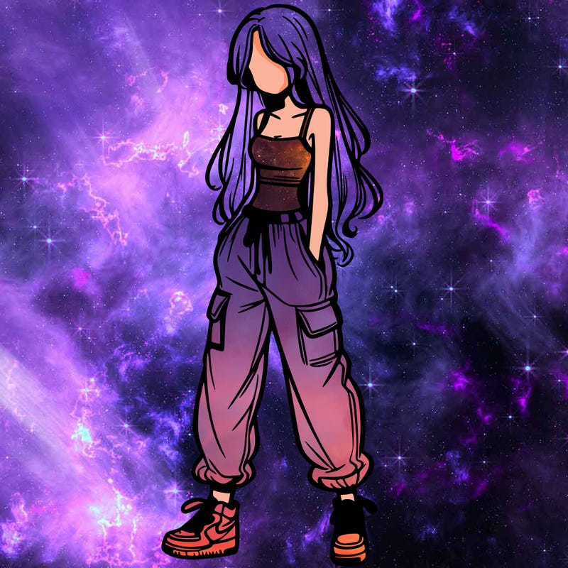 girl in baggy pants crop top and long hair