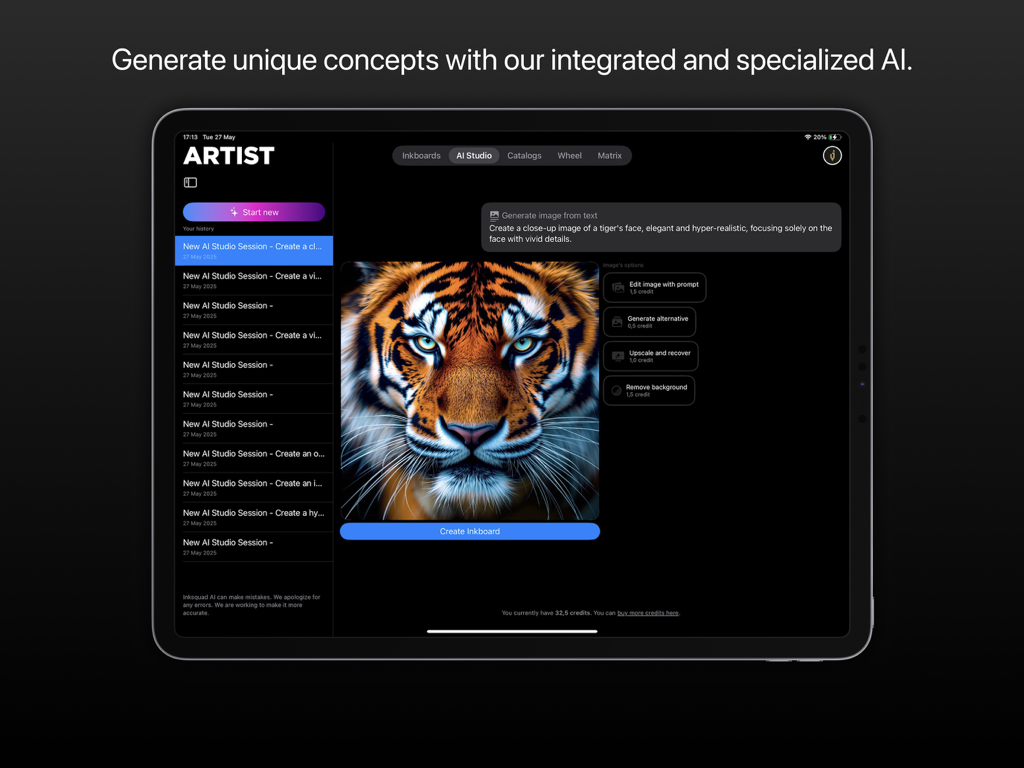 Inksquad Artist iPad 앱이 AI 스튜디오에서 AI 생성 호랑이 얼굴 타투 컨셉을 표시합니다.