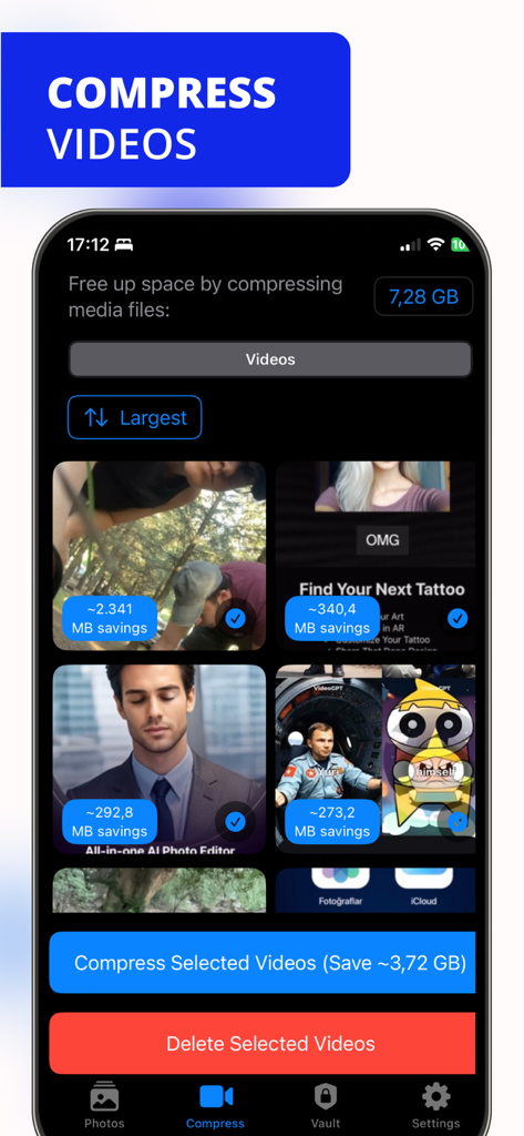 iPhoneのストレージ容量を節約するための動画圧縮機能を搭載したモバイルインターフェース