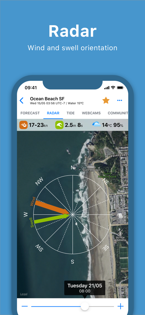 Wisuki - Wind and Waves - Wisuki app radar feature showing wind and swell orientation on a satellite map