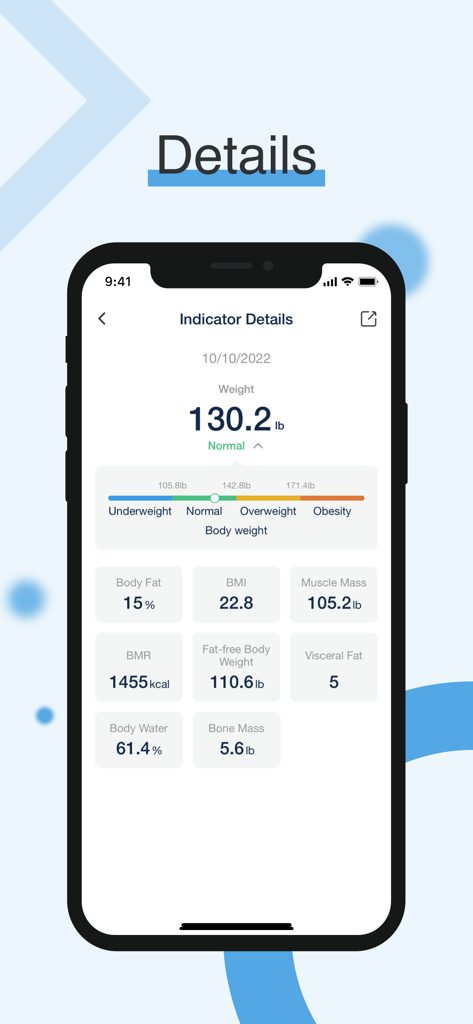 Fit Profile app screen showing weight and body composition metrics including BMI and body fat percentage.