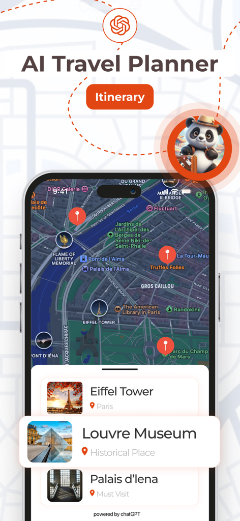 Application de planification de voyage IA affichant une carte de Paris avec des épingles d'itinéraire pour la Tour Eiffel et le Musée du Louvre.