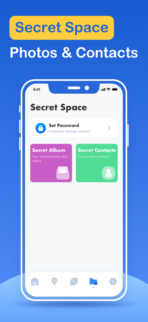 Storage Cleaner app interface showing the Secret Space feature for private photos and contacts