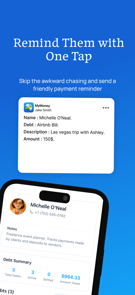 MyMoney: Budget & Expenses App - MyMoney app interface showing a one-tap payment reminder and debt tracking summary for shared expenses.