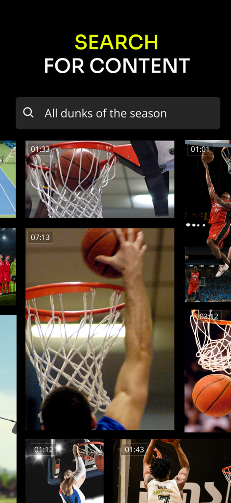 WSC Sports - WSC Sports app search interface showing a search for basketball dunks with multiple video highlight thumbnails
