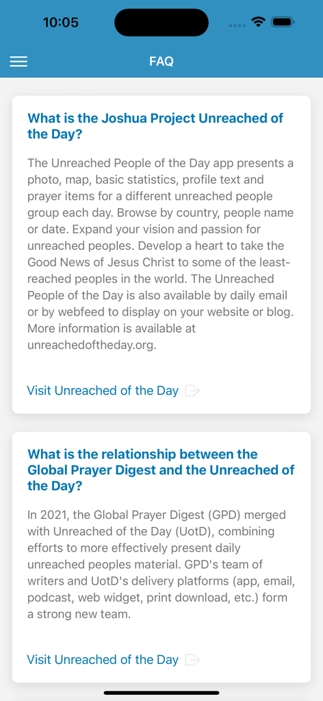 Tela de Perguntas Frequentes do aplicativo Não Alcançados do Dia explicando o projeto e sua parceria com o Global Prayer Digest.