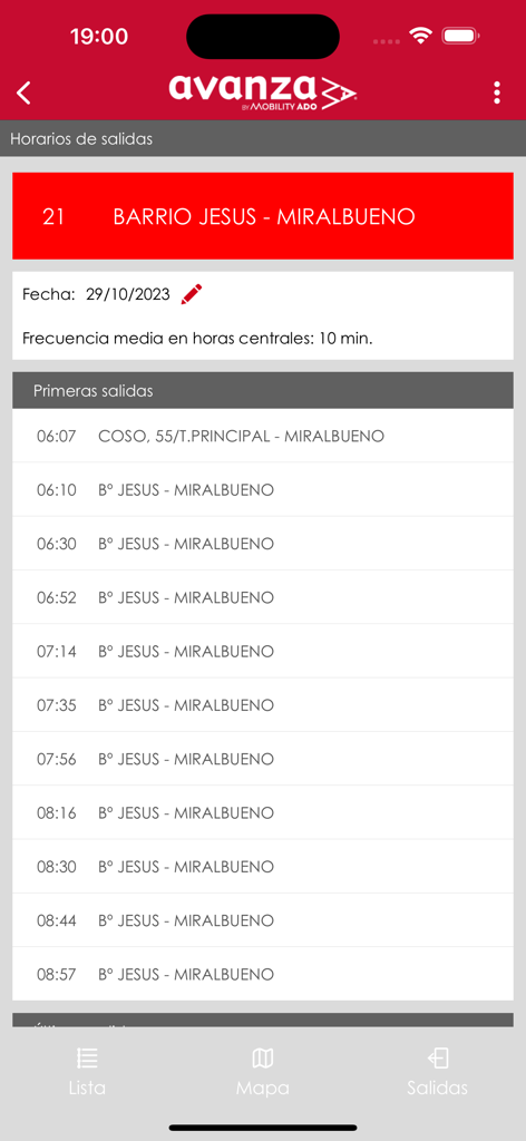 Captura de pantalla de la aplicación móvil que muestra el horario de salidas y los horarios de llegada de la línea de autobús 21 en Zaragoza