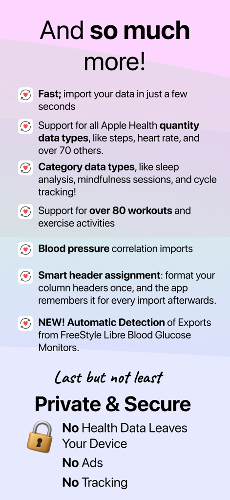 List of features for Health CSV Importer showing data support and privacy details