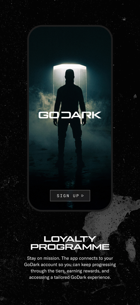 ThruDark - ThruDark app screen showcasing the GoDark loyalty program with a silhouette of a person and a sign up button