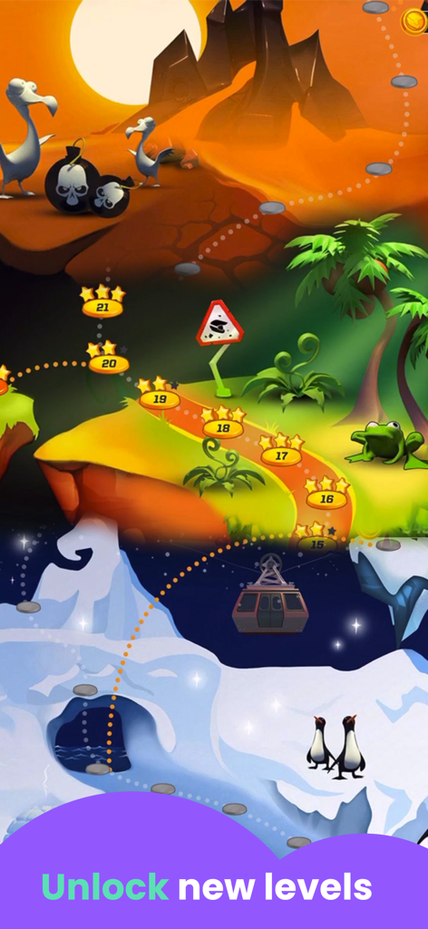 Motorcycle Games Kids: Racing - A colorful level map for a kids motorcycle racing game featuring desert, jungle, and arctic environments with the text Unlock new levels.