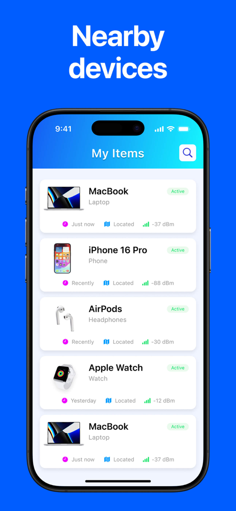 Bluetooth Finder & Scanner + - Pantalla de la aplicación Bluetooth Finder que muestra una lista de dispositivos cercanos con intensidad de señal