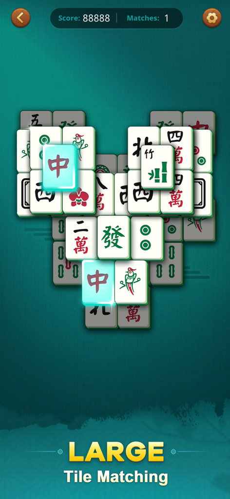 Mahjong Match：Classic Tiles！ - Captura de pantalla del juego de Mahjong Match con losetas grandes y fáciles de leer, con dos piezas coincidentes resaltadas