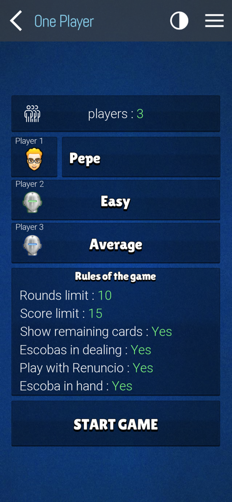 Menú de configuración de juego para un jugador en La Escoba mostrando niveles de dificultad de IA y reglas personalizables