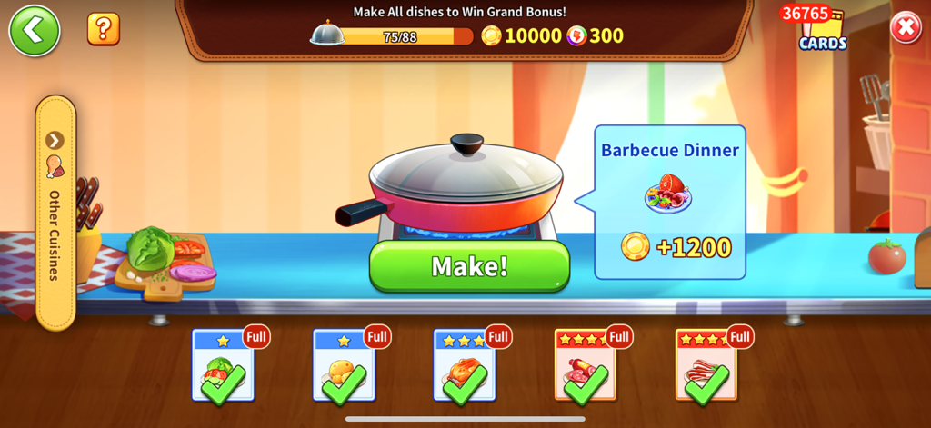 Un mini gioco a tema cucina in Bingo Lucky dove i giocatori preparano piatti come una cena barbecue per guadagnare ricompense in monete e completare le collezioni