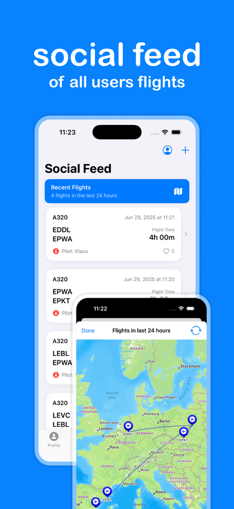 Social feed of the A320 Checklist Pro app showing pilot flight logs and an interactive flight path map