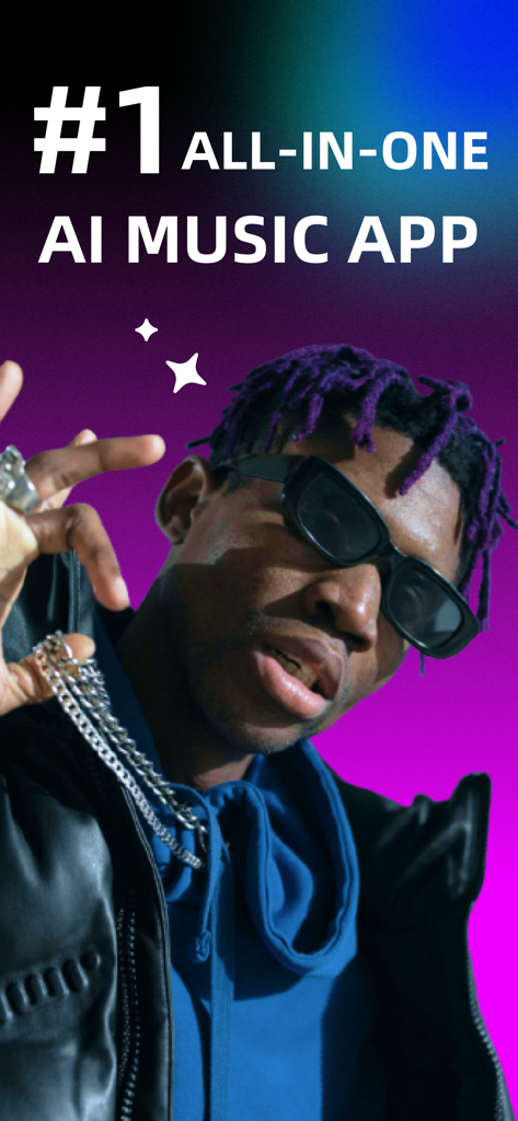 AI Remix: AI DJ&Song Generator - A stylish young man with purple dreadlocks and sunglasses featured on a promotional banner for the AI Remix music app