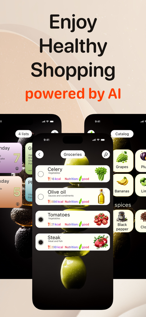 Interfaccia dell'app Listiq che mostra una lista della spesa con conteggio calorie e valutazioni nutrizionali per acquisti salutari