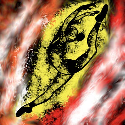 gymnast doing a leap in a leotard with a bent back leg