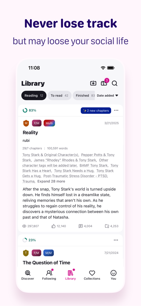 Fictivity: AO3 Unofficial - Fictivity app library screen displaying reading progress and new chapter updates for fanfiction stories.