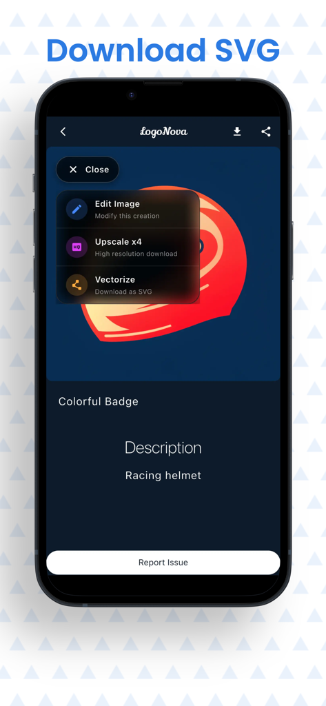 LogoNova - Logo Maker & Design - LogoNovaモバイルアプリインターフェース。ロゴをSVGファイルとしてベクトル化してダウンロードするオプションを表示